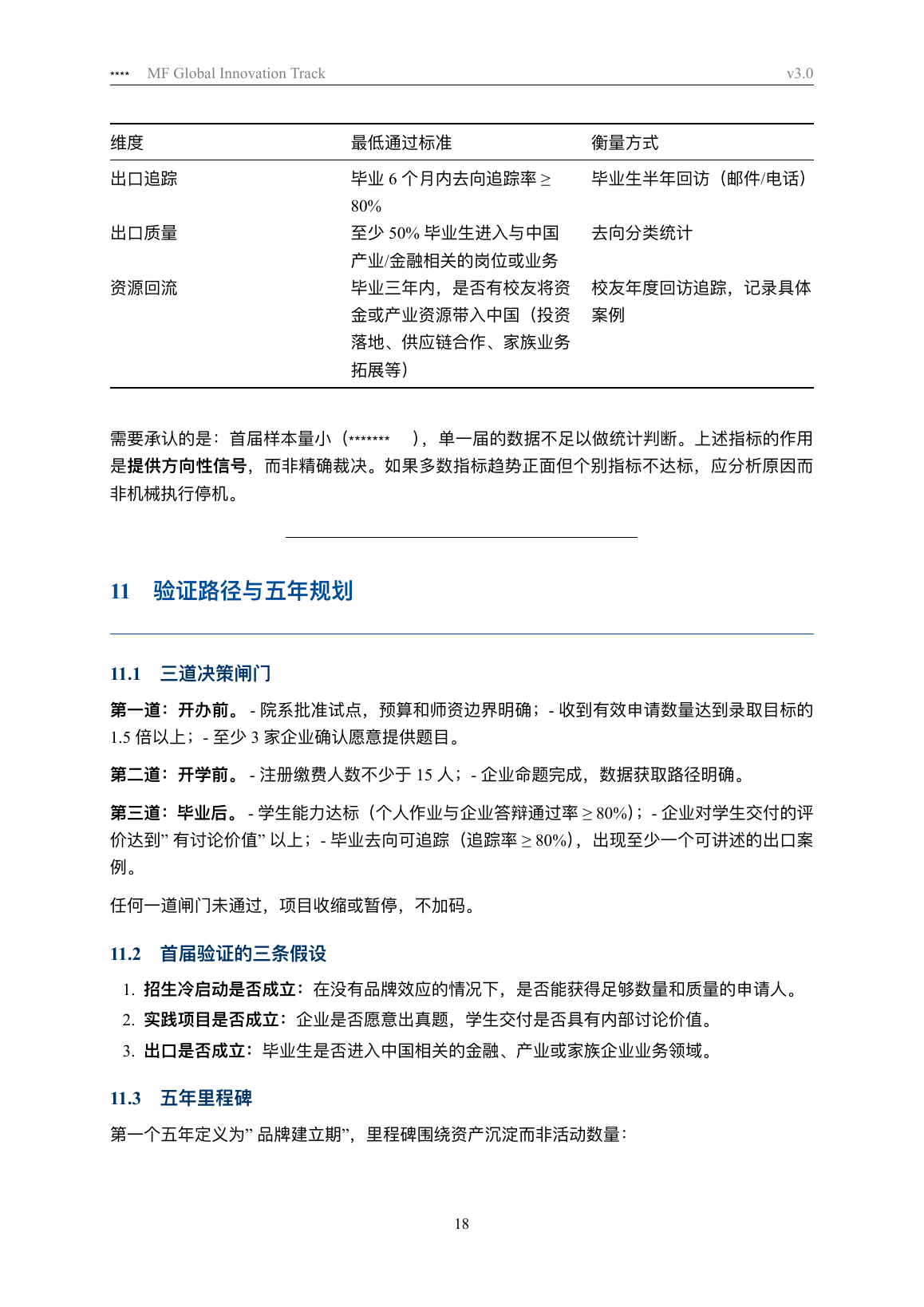 方案原文第18页，展示开办前、开学前、毕业后的三道决策检查和首届待验证假设