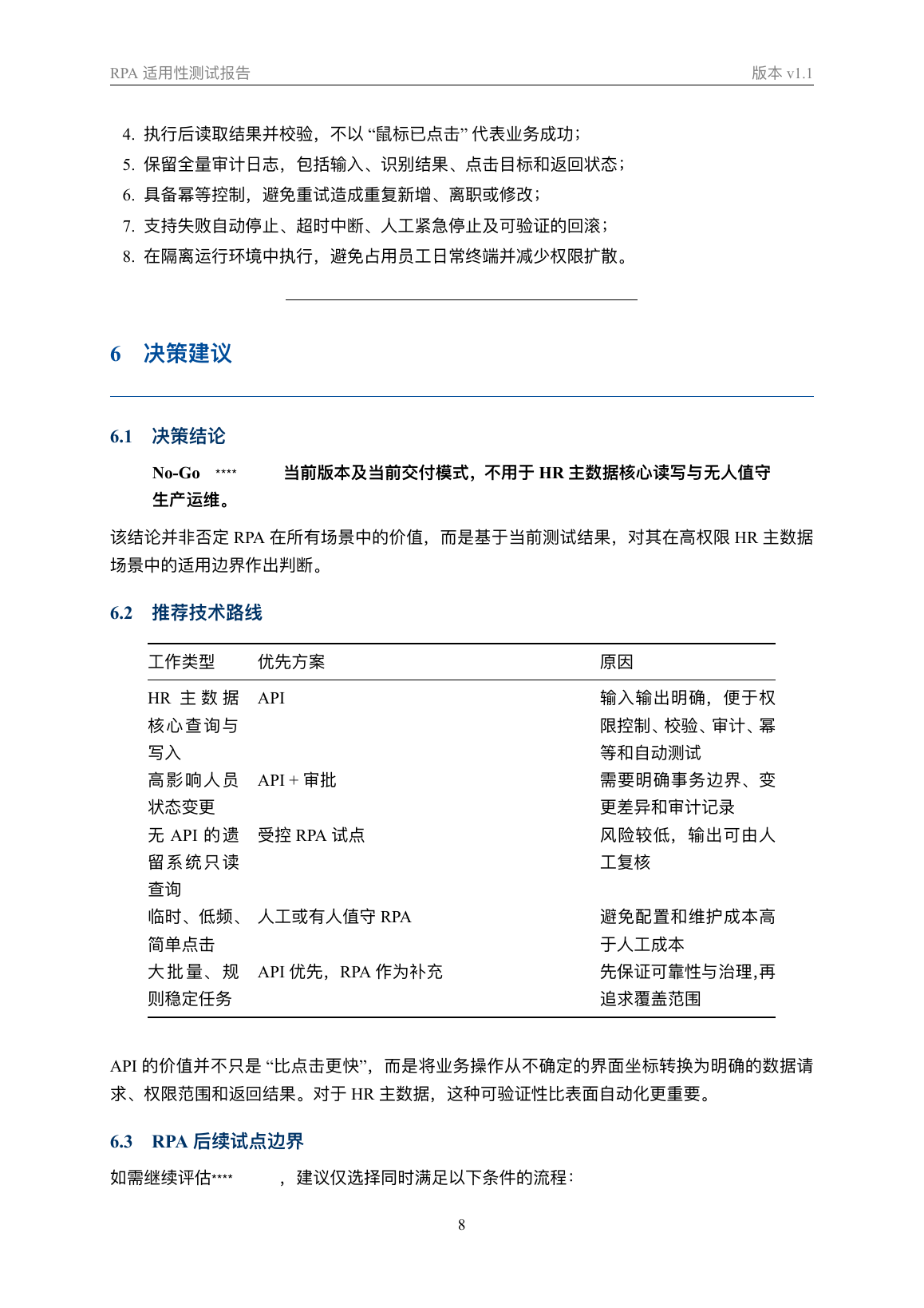 报告第 8 页：当前版本 No-Go 结论与 API、受控 RPA、人工等技术路线建议